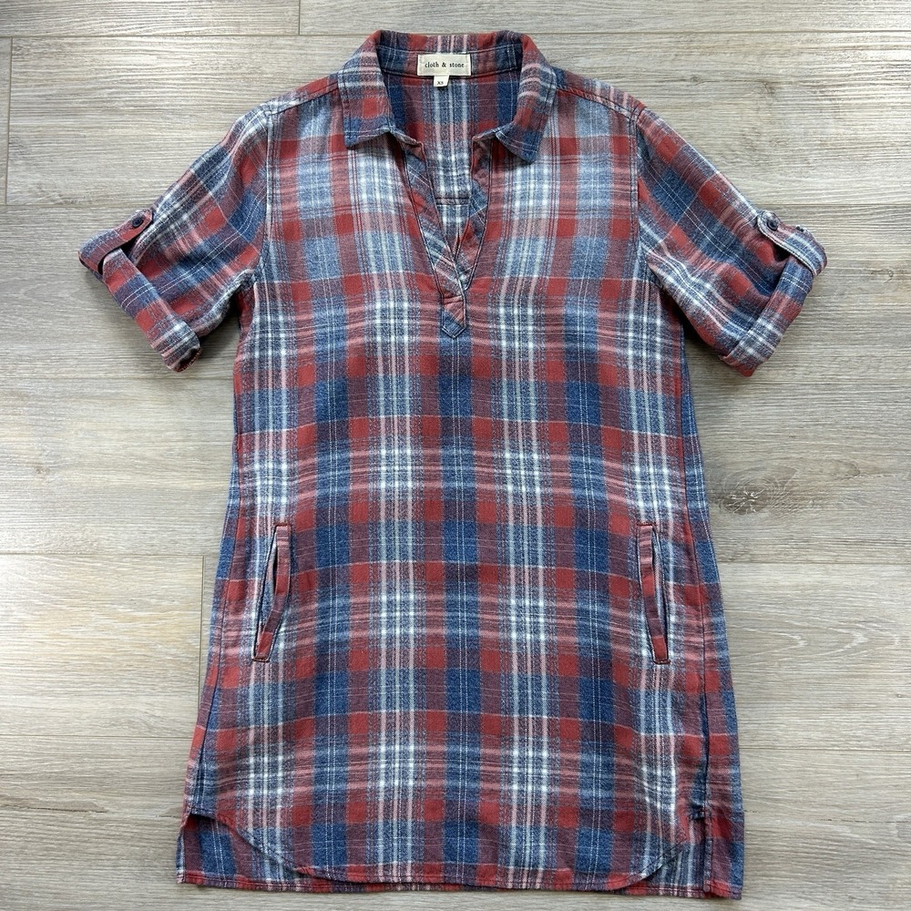 Anthropologie Cloth & Stone XS Red Blue Plaid Tunic Dress Roll Tab Sleeve Pocket